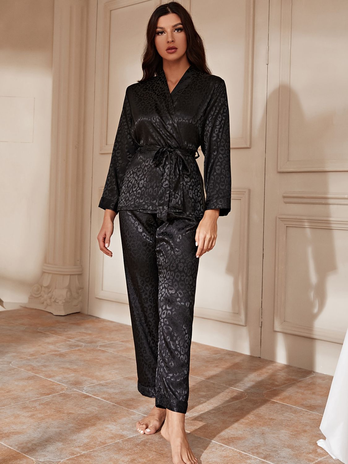 Surplice Neck Tie Waist Long Sleeve Blouse and Pants Pajama Set