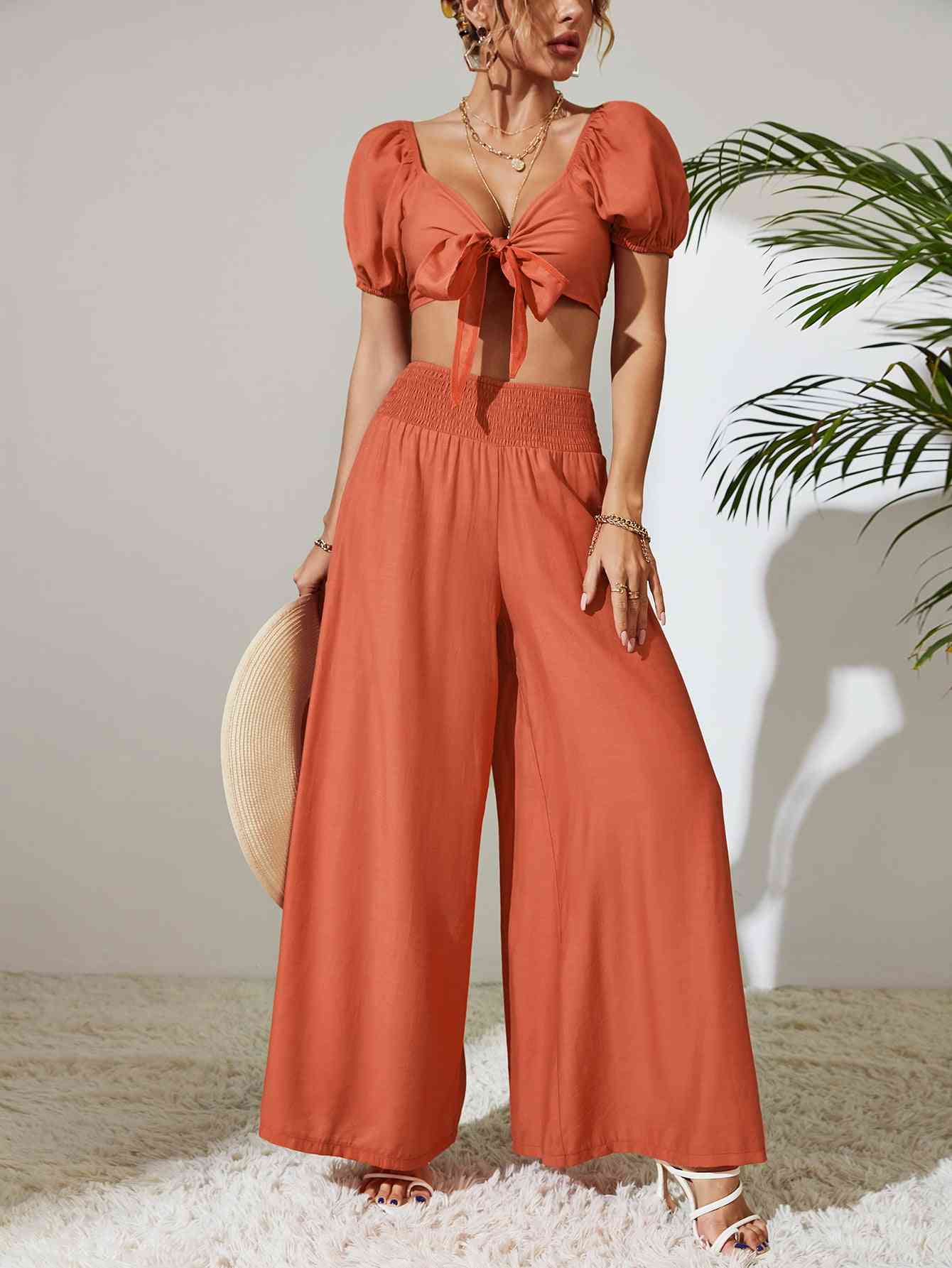 Tie Front Cropped Top and Smocked Wide Leg Pants Set