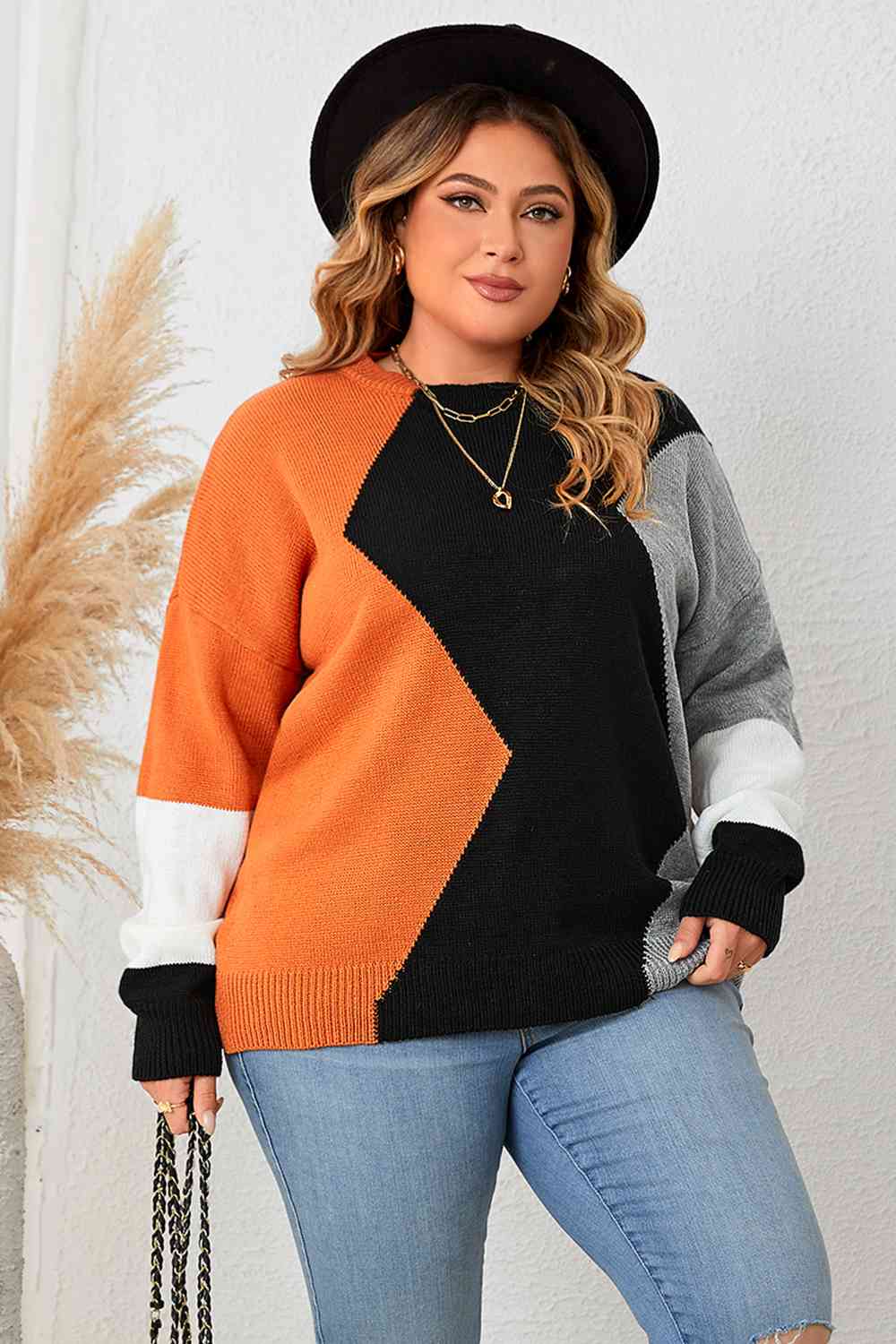 Plus Size Color Block Round Neck Knit Top