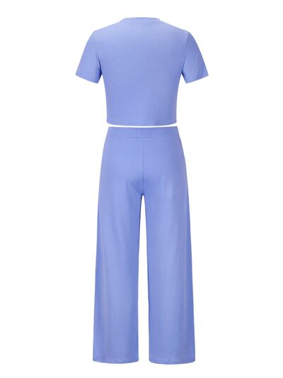 Round Neck Short Sleeve Top and Pocketed Pants Set