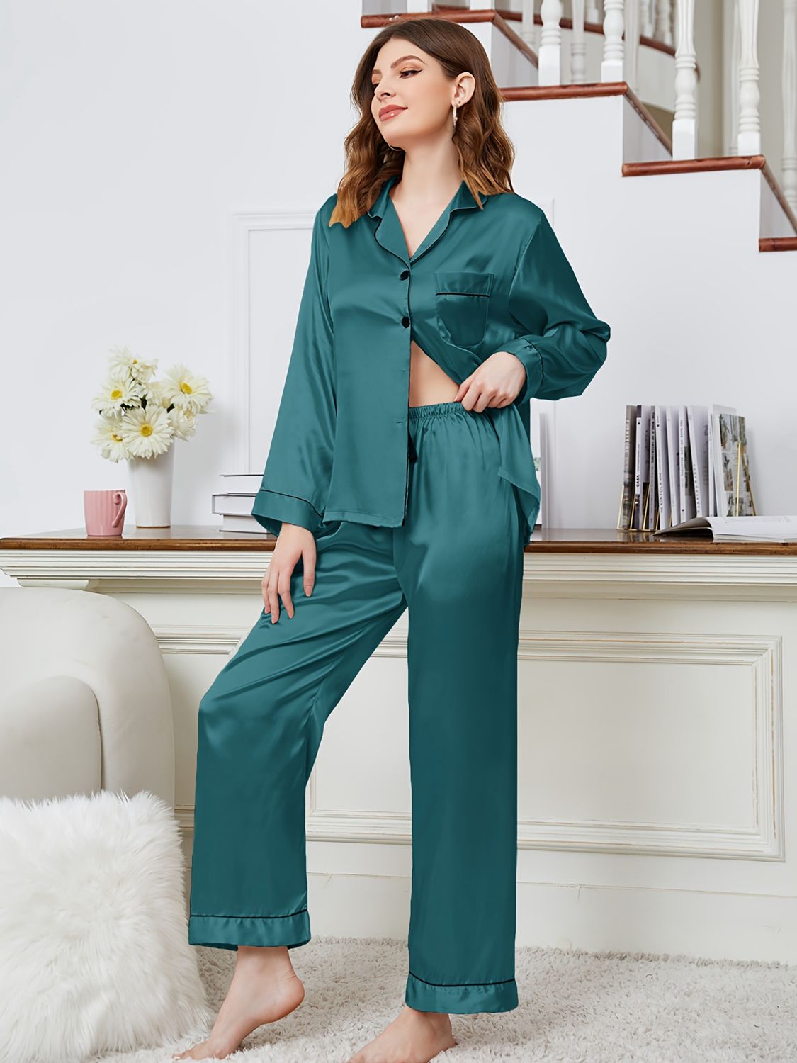 Lapel Collar Long Sleeve Top and Pants Pajama Set