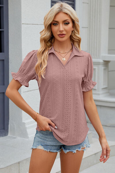 Eyelet Johnny Collar Short Sleeve Blouse