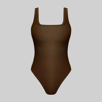 Ribbed Square Neck Sleeveless Active Bodysuit