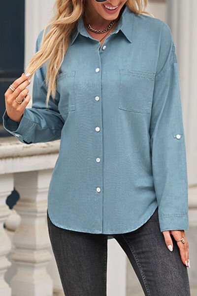 Pocketed Button Up Collared Neck Denim Top