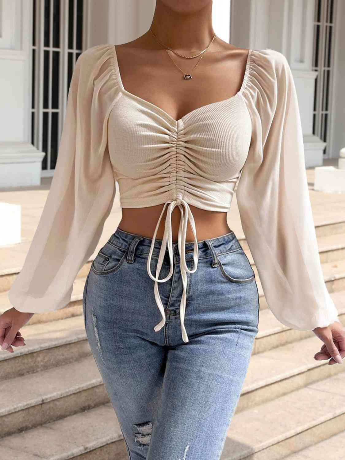 Drawstring Sweetheart Neck Cropped Top