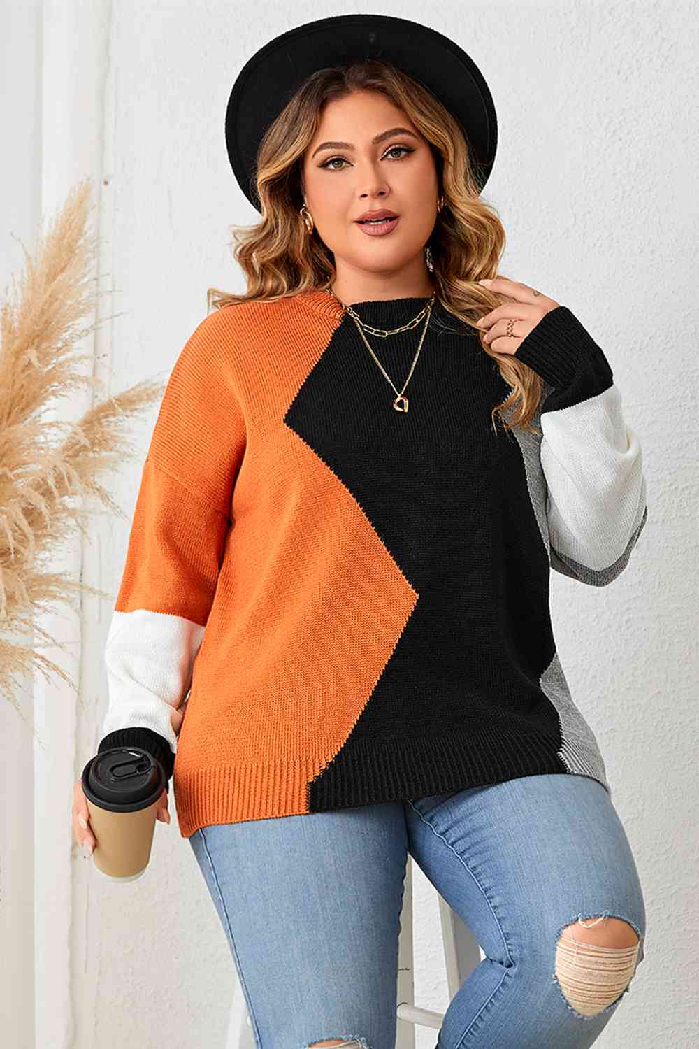 Plus Size Color Block Round Neck Knit Top