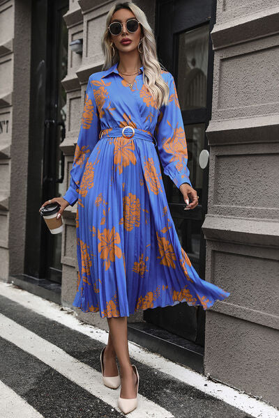 Floral Pleated Surplice Long Sleeve Midi Dress