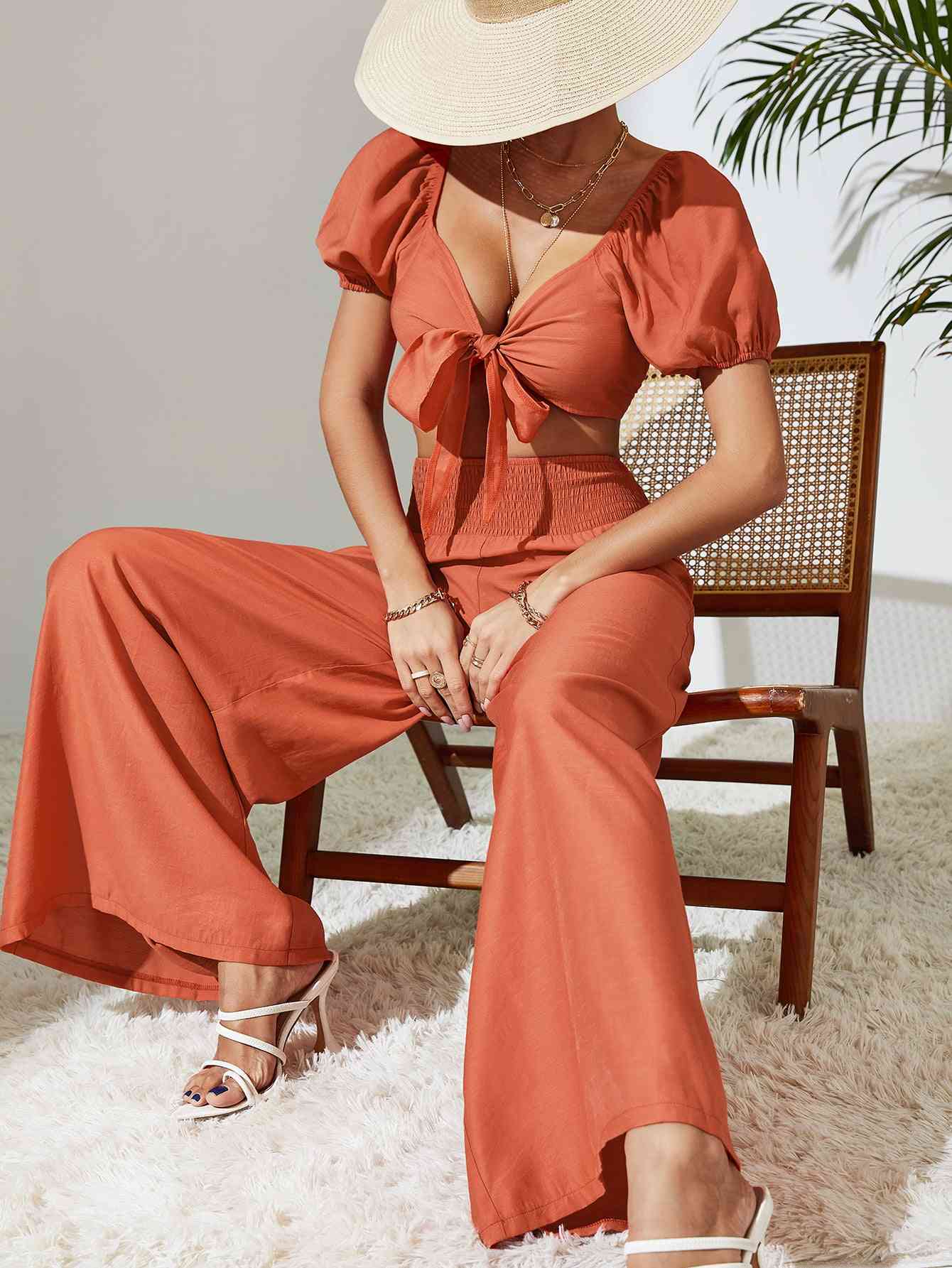 Tie Front Cropped Top and Smocked Wide Leg Pants Set